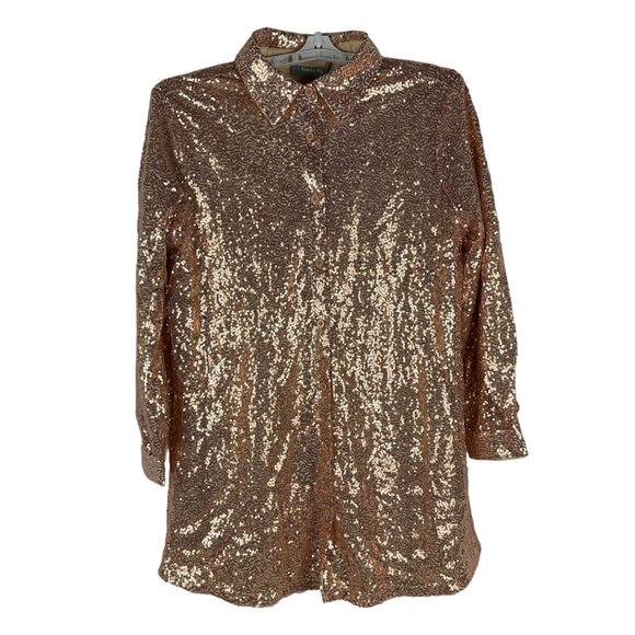 Sequined Rose Gold Long-Sleeve Shirt By Blue B. Collection Size M - Picture 1 of 6